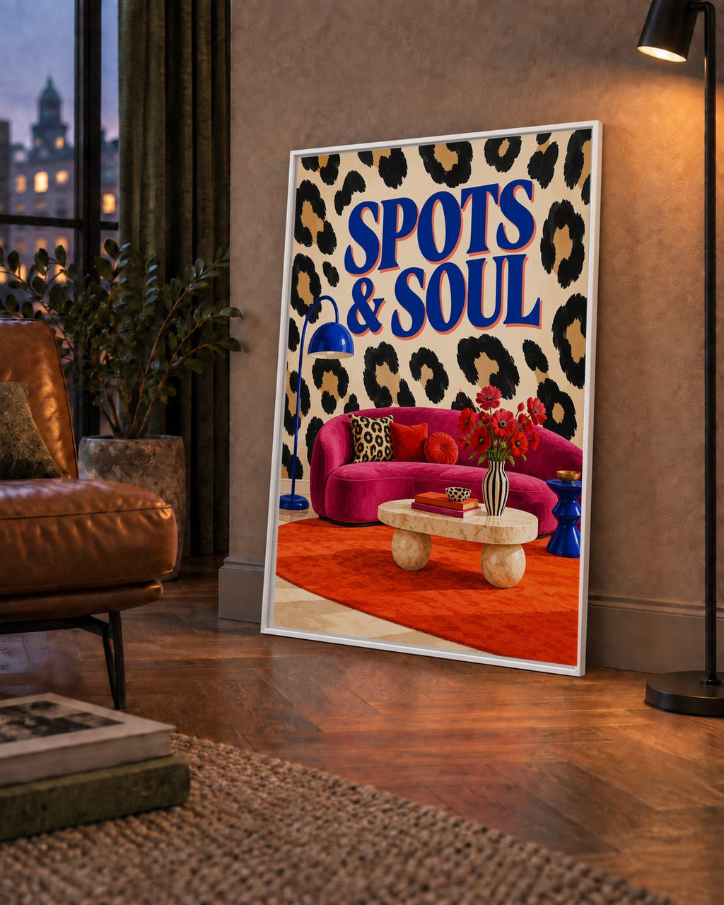 Leopar Desenli Retro Salon Poster – SPOTS & SOUL Duvar Sanatı — çerçeveli hâliyle bir ev duvarında