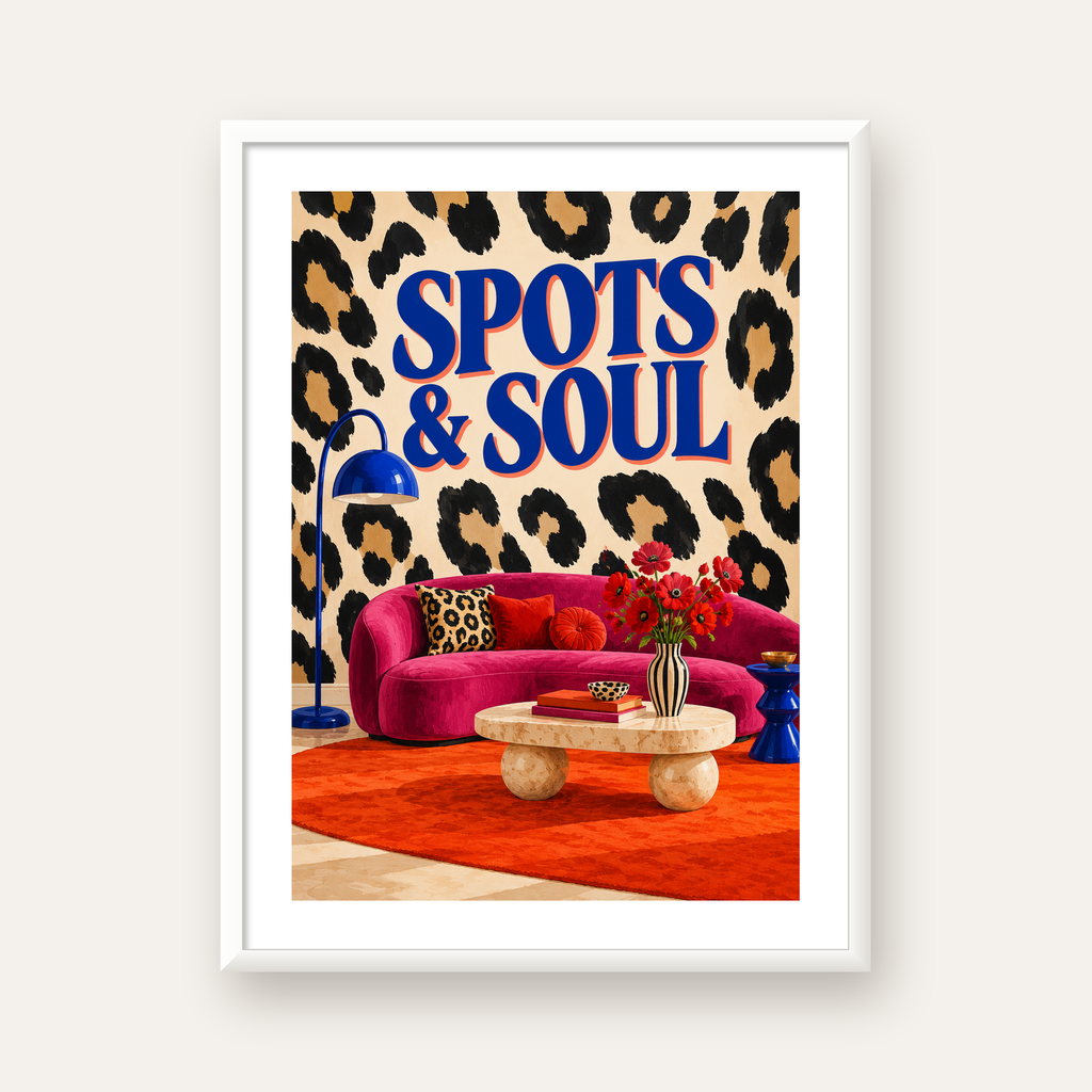 Leopar Desenli Retro Salon Poster – SPOTS & SOUL Duvar Sanatı — beyaz çerçeveli dikey poster