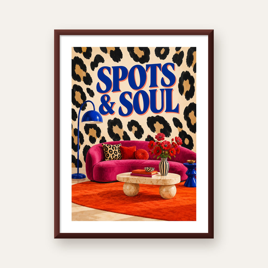 Leopar Desenli Retro Salon Poster – SPOTS & SOUL Duvar Sanatı — ceviz çerçeveli paspartulu