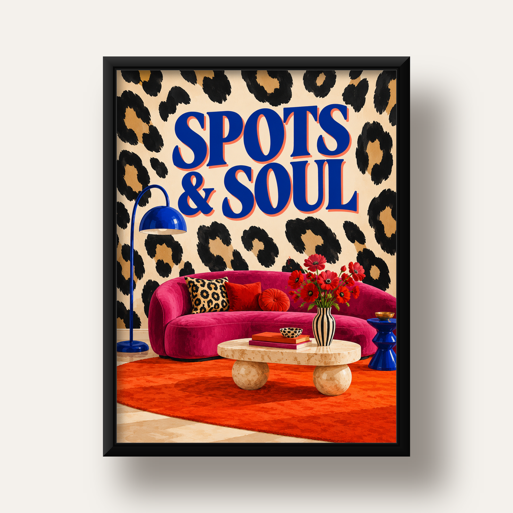Leopar Desenli Retro Salon Poster – SPOTS & SOUL Duvar Sanatı — siyah derin çerçeveli