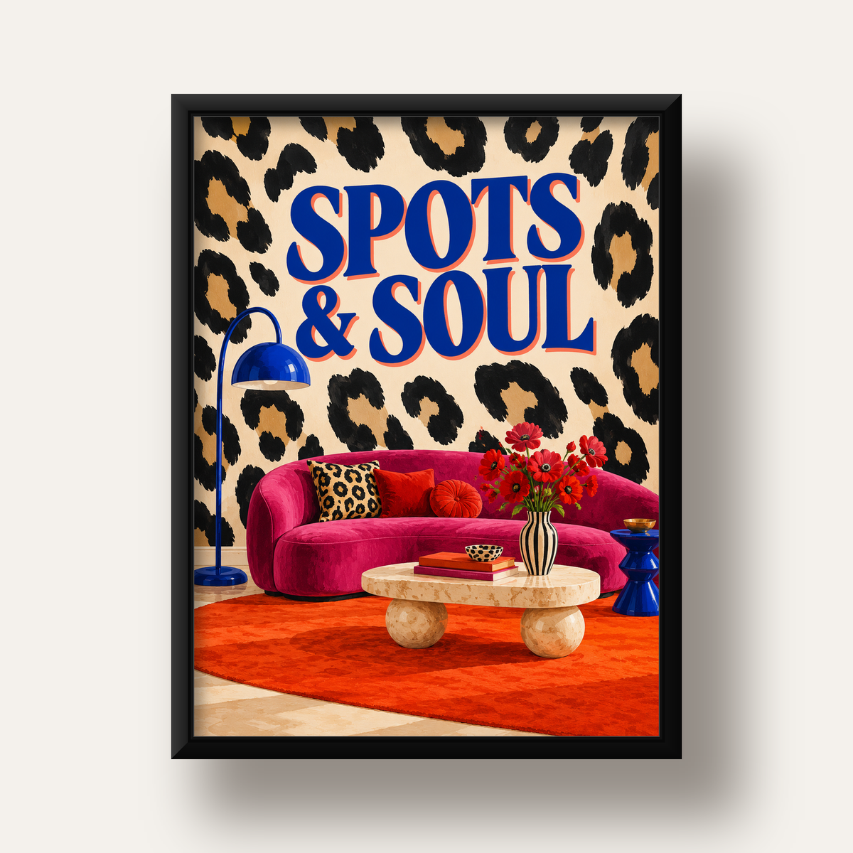 Leopar Desenli Retro Salon Poster – SPOTS & SOUL Duvar Sanatı — siyah derin çerçeveli