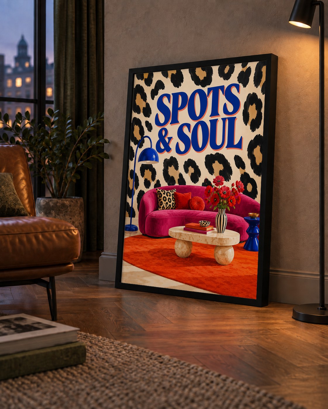Leopar Desenli Retro Salon Poster – SPOTS & SOUL Duvar Sanatı — çerçeveli hâliyle bir ev duvarında