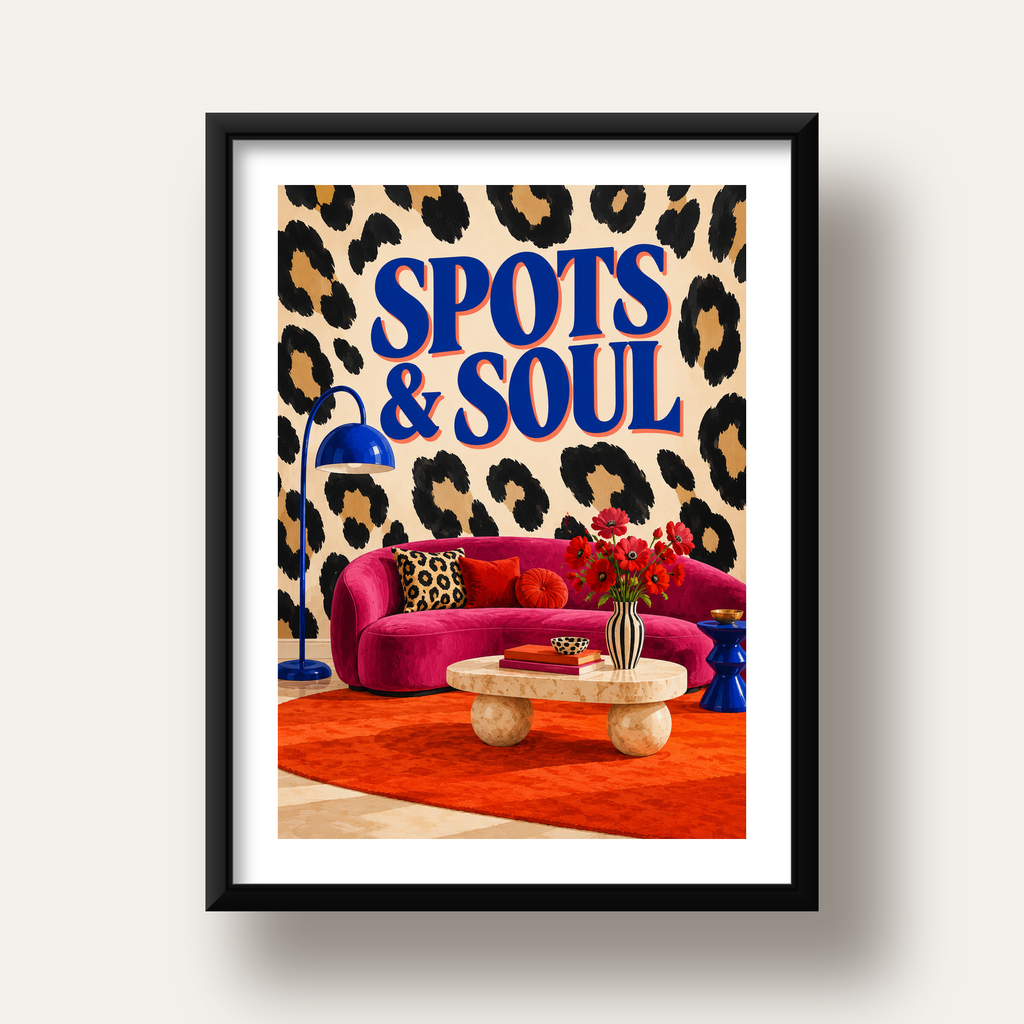 Leopar Desenli Retro Salon Poster – SPOTS & SOUL Duvar Sanatı — siyah derin çerçeveli paspartulu