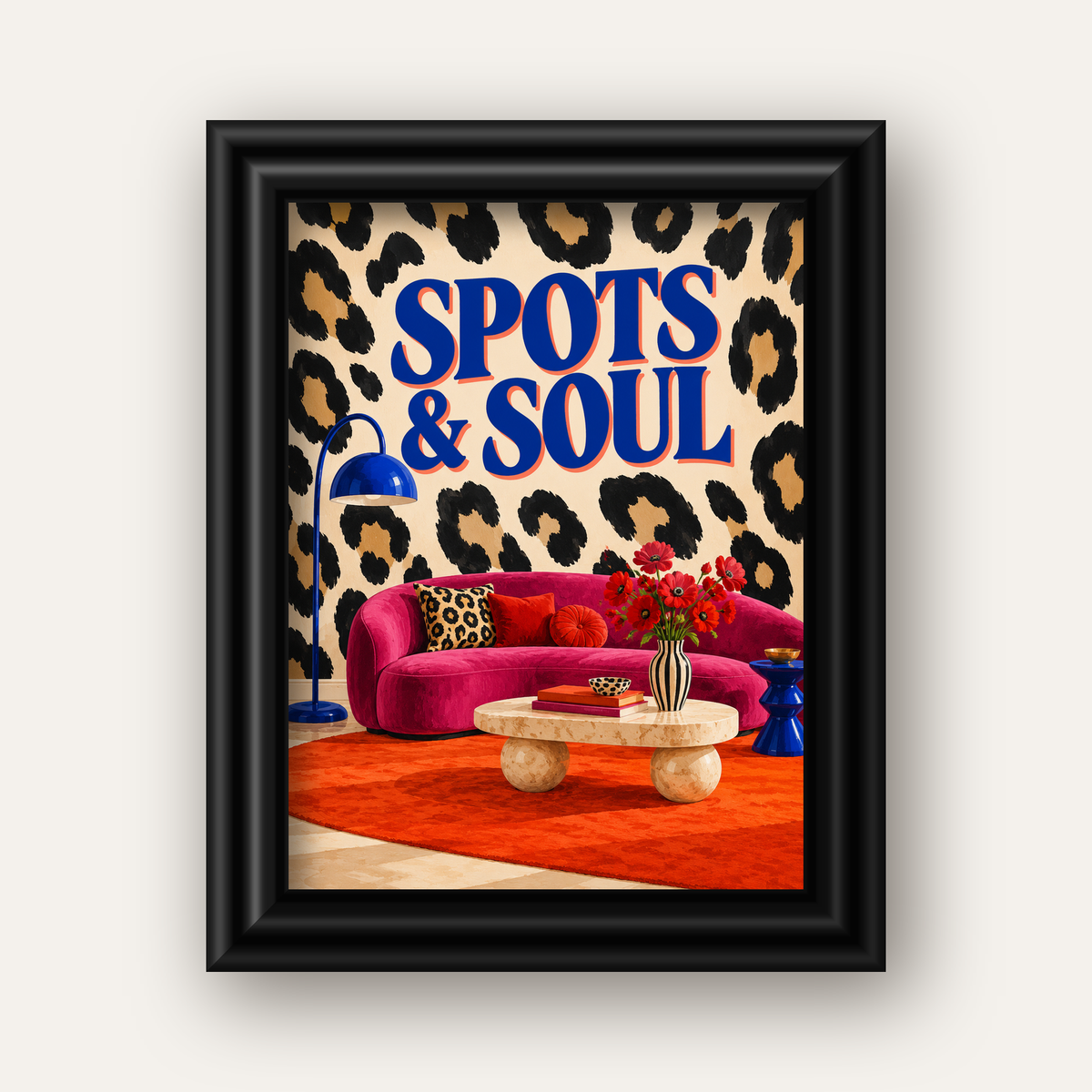Leopar Desenli Retro Salon Poster – SPOTS & SOUL Duvar Sanatı — siyah galeri çerçeveli