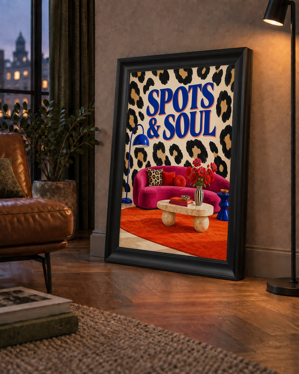 Leopar Desenli Retro Salon Poster – SPOTS & SOUL Duvar Sanatı — çerçeveli hâliyle bir ev duvarında