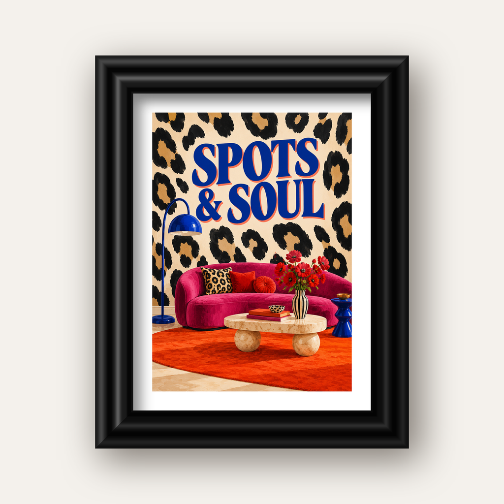 Leopar Desenli Retro Salon Poster – SPOTS & SOUL Duvar Sanatı — siyah galeri çerçeveli paspartulu