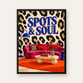 Leopar Desenli Retro Salon Poster – SPOTS & SOUL Duvar Sanatı — Dikey baskı, düz siyah çerçeveli duvar posteri