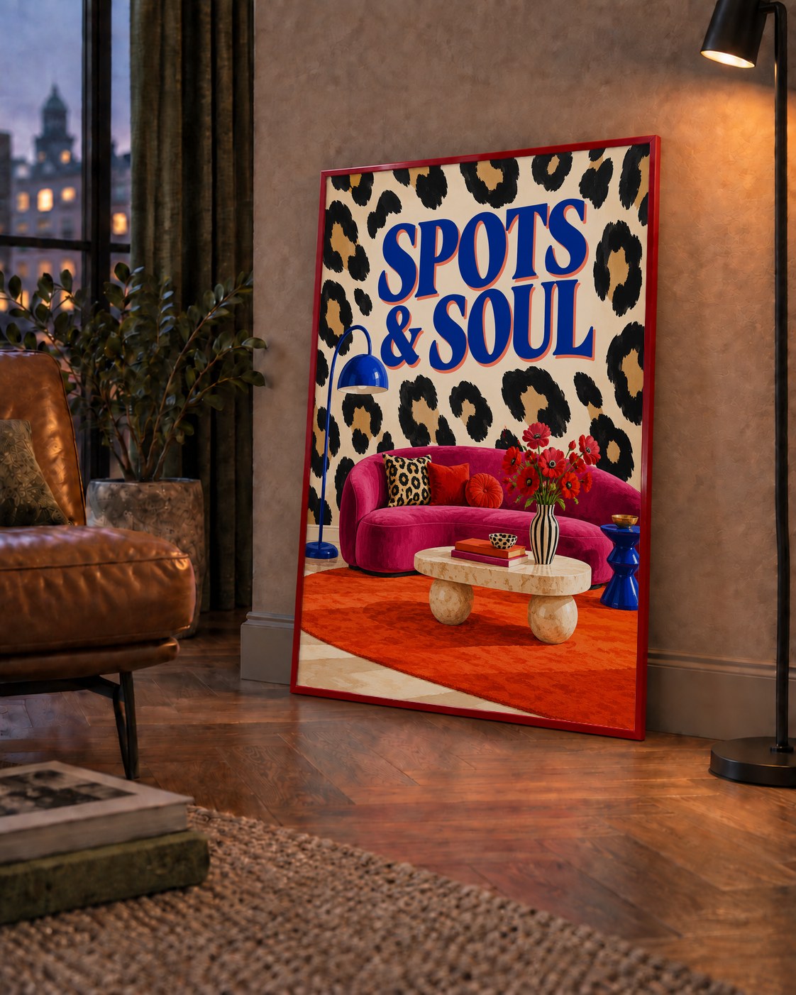 Leopar Desenli Retro Salon Poster – SPOTS & SOUL Duvar Sanatı — çerçeveli hâliyle bir ev duvarında