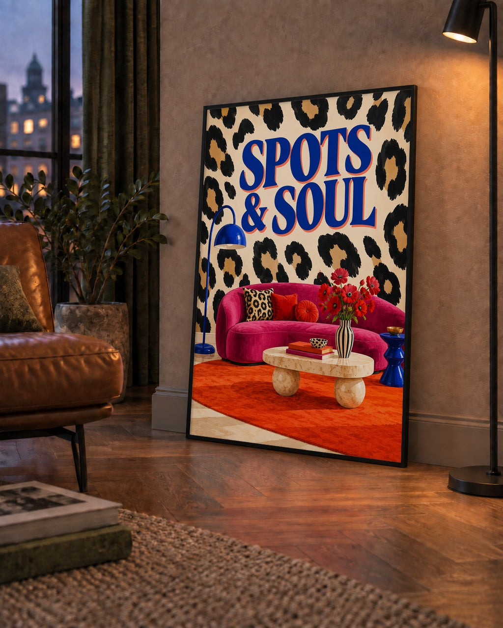 Leopar Desenli Retro Salon Poster – SPOTS & SOUL Duvar Sanatı — çerçeveli hâliyle bir ev duvarında