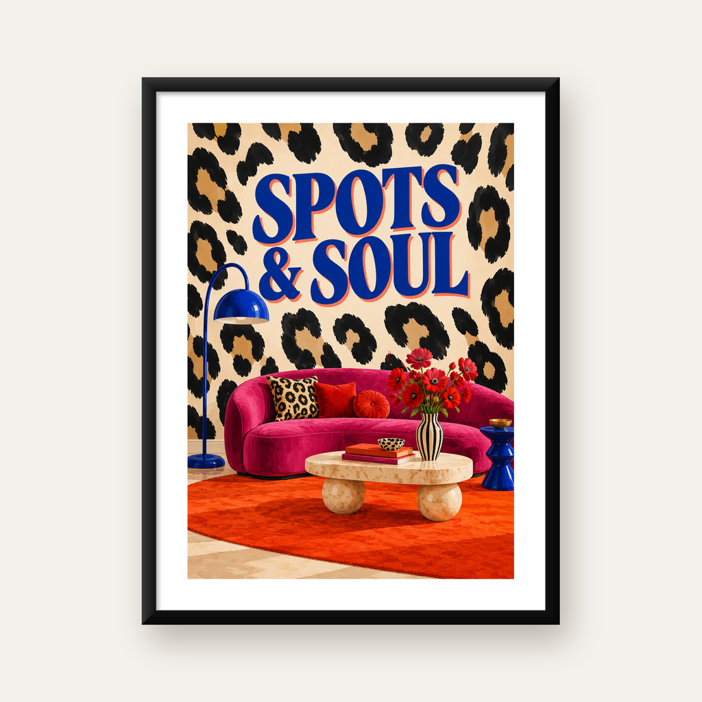 Leopar Desenli Retro Salon Poster – SPOTS & SOUL Duvar Sanatı — Dikey baskı, beyaz paspartulu