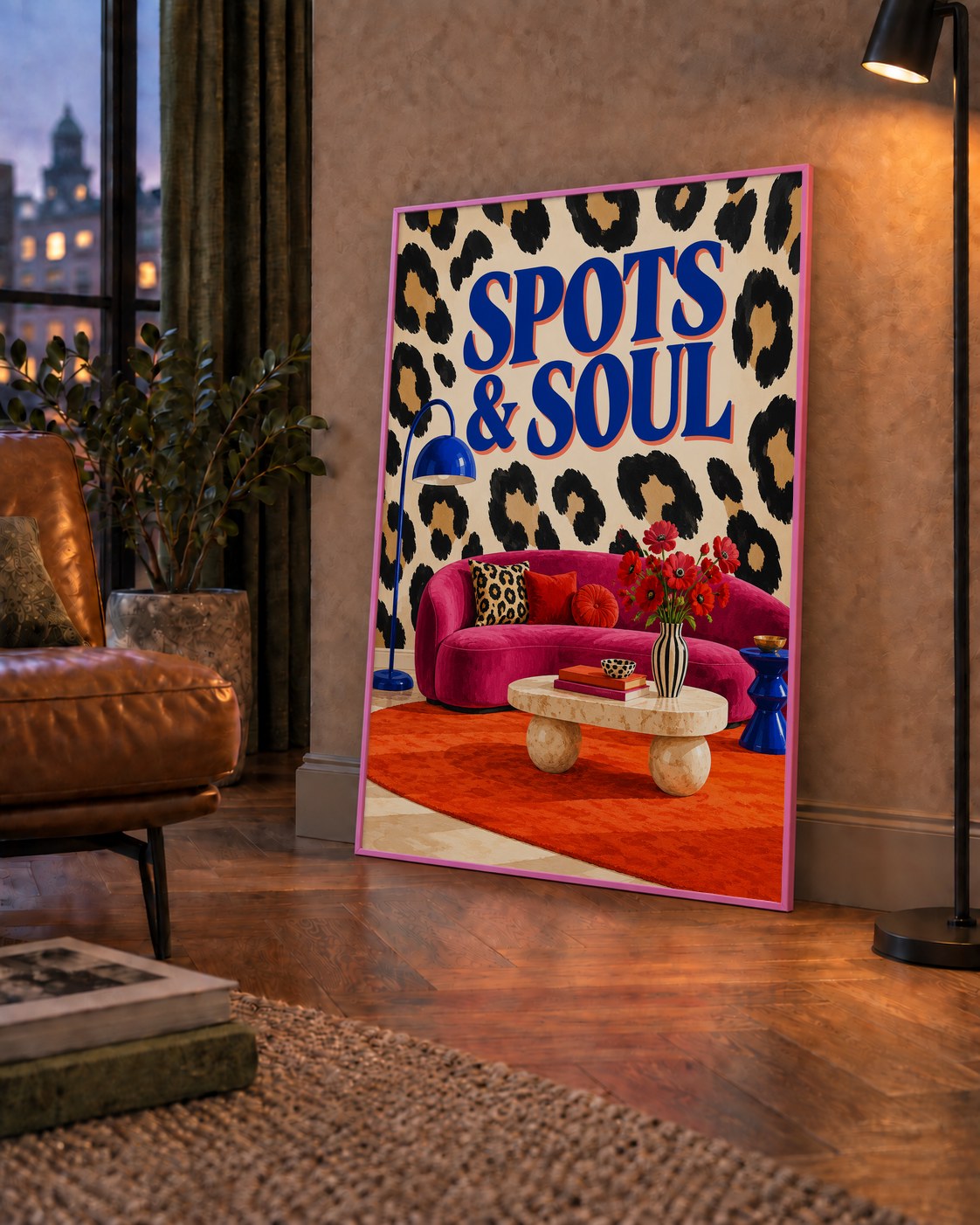 Leopar Desenli Retro Salon Poster – SPOTS & SOUL Duvar Sanatı — çerçeveli hâliyle bir ev duvarında