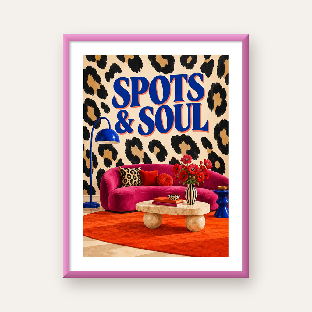 Leopar Desenli Retro Salon Poster – SPOTS & SOUL Duvar Sanatı — pembe çerçeveli paspartulu