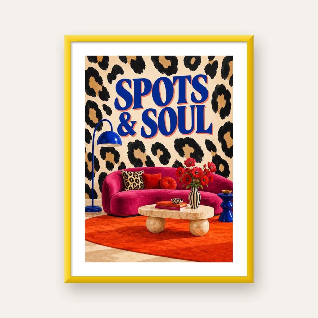 Leopar Desenli Retro Salon Poster – SPOTS & SOUL Duvar Sanatı — sarı çerçeveli paspartulu