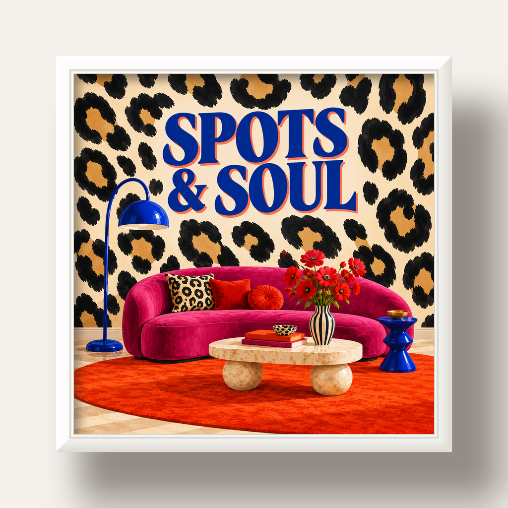 Leopar Desenli Retro Salon Poster – SPOTS & SOUL Duvar Sanatı — beyaz derin çerçeveli