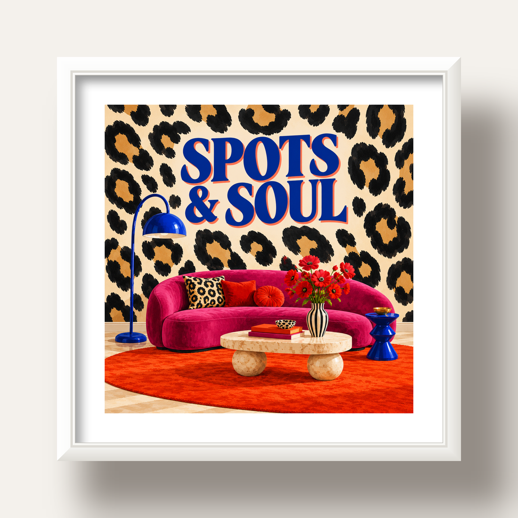 Leopar Desenli Retro Salon Poster – SPOTS & SOUL Duvar Sanatı — beyaz derin çerçeveli paspartulu