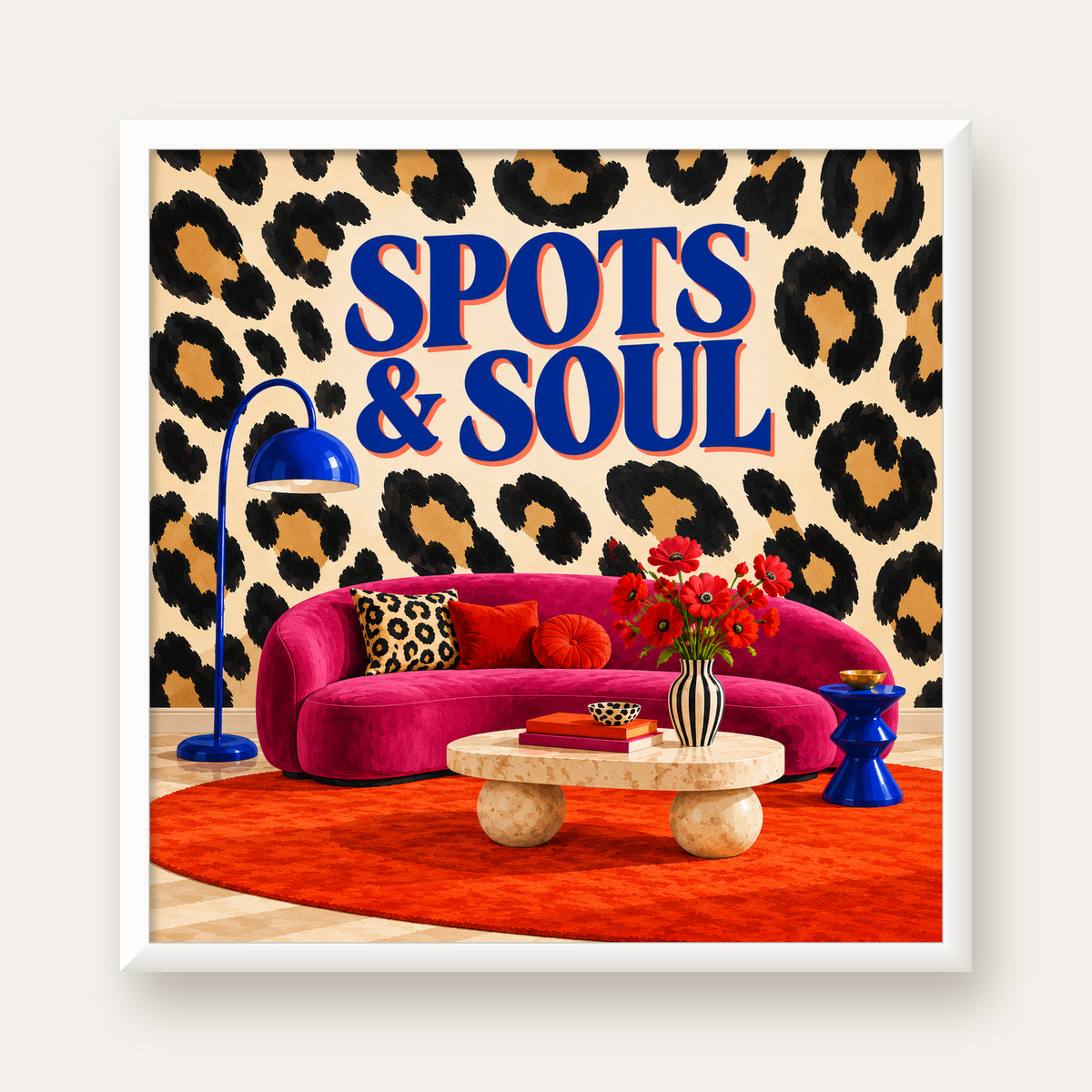 Leopar Desenli Retro Salon Poster – SPOTS & SOUL Duvar Sanatı — beyaz çerçeveli kare poster