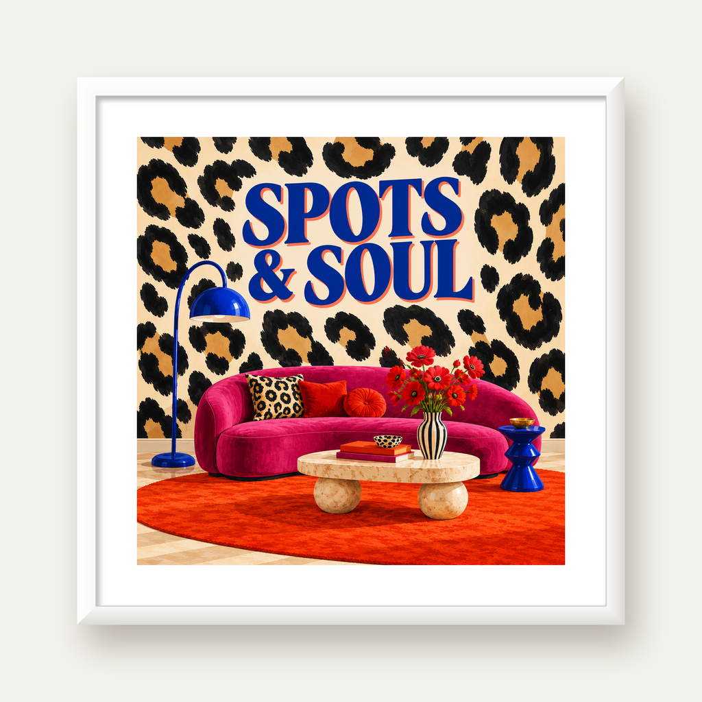 Leopar Desenli Retro Salon Poster – SPOTS & SOUL Duvar Sanatı — beyaz çerçeveli kare poster