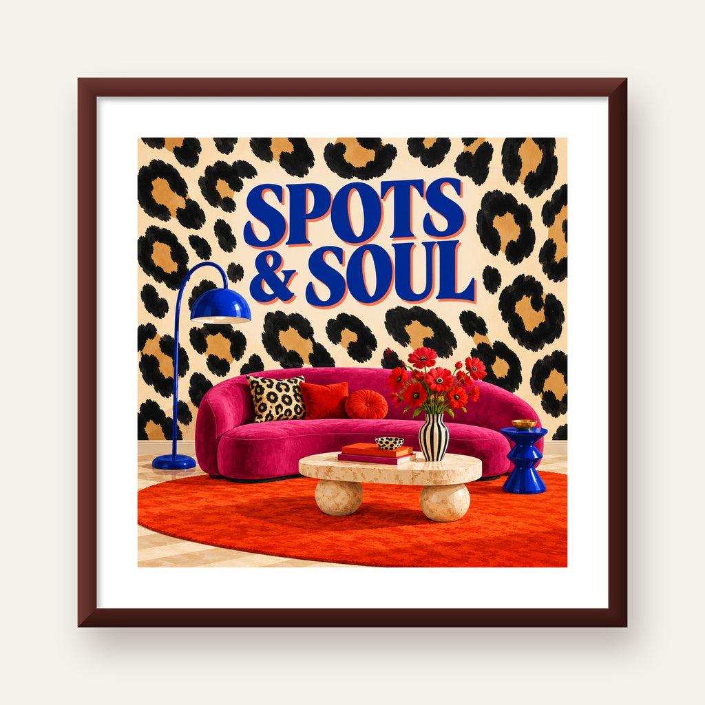 Leopar Desenli Retro Salon Poster – SPOTS & SOUL Duvar Sanatı — ceviz çerçeveli paspartulu