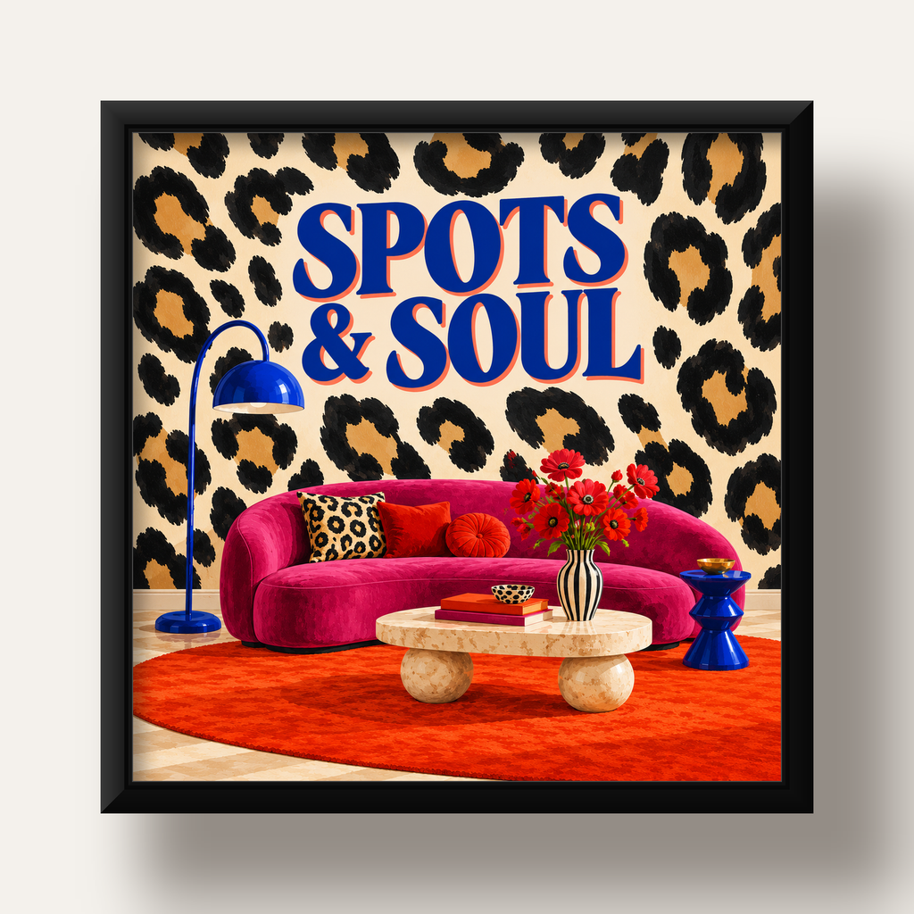 Leopar Desenli Retro Salon Poster – SPOTS & SOUL Duvar Sanatı — siyah derin çerçeveli
