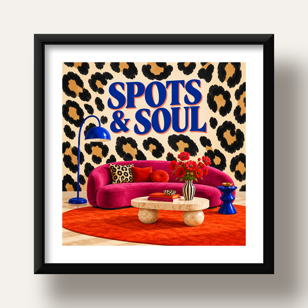 Leopar Desenli Retro Salon Poster – SPOTS & SOUL Duvar Sanatı — siyah derin çerçeveli paspartulu