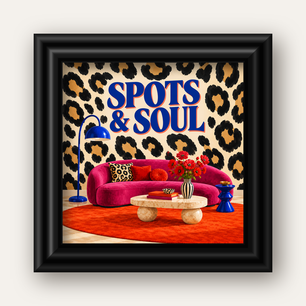 Leopar Desenli Retro Salon Poster – SPOTS & SOUL Duvar Sanatı — siyah galeri çerçeveli