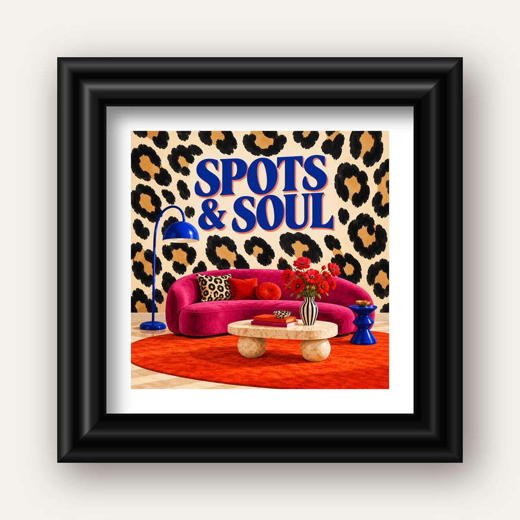 Leopar Desenli Retro Salon Poster – SPOTS & SOUL Duvar Sanatı — siyah galeri çerçeveli paspartulu