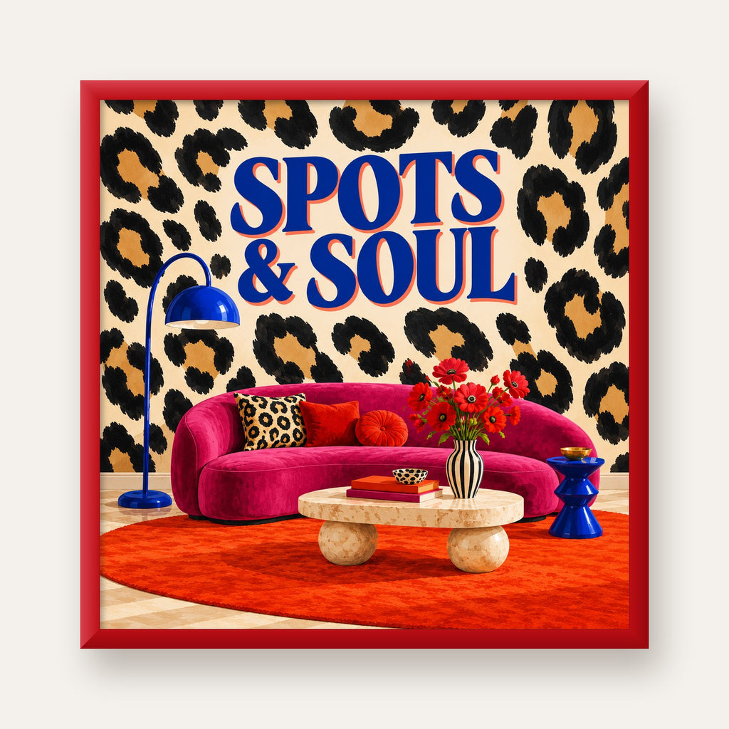 Leopar Desenli Retro Salon Poster – SPOTS & SOUL Duvar Sanatı — kırmızı çerçeveli