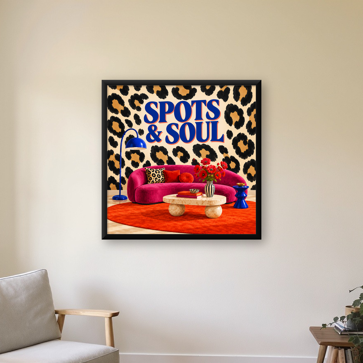 Leopar Desenli Retro Salon Poster – SPOTS & SOUL Duvar Sanatı — Kare baskı, çerçeveli hâliyle bir ev duvarında