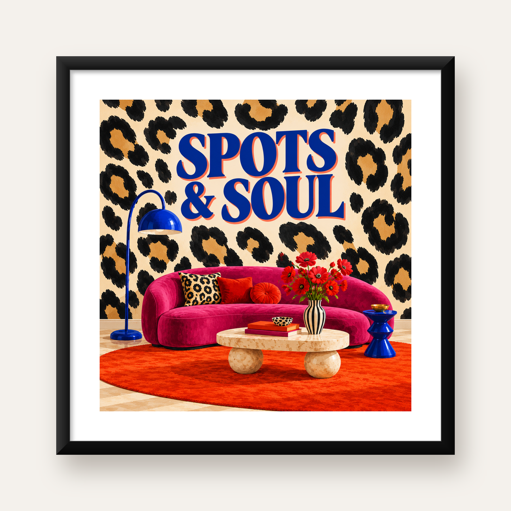 Leopar Desenli Retro Salon Poster – SPOTS & SOUL Duvar Sanatı — Kare baskı, beyaz paspartulu