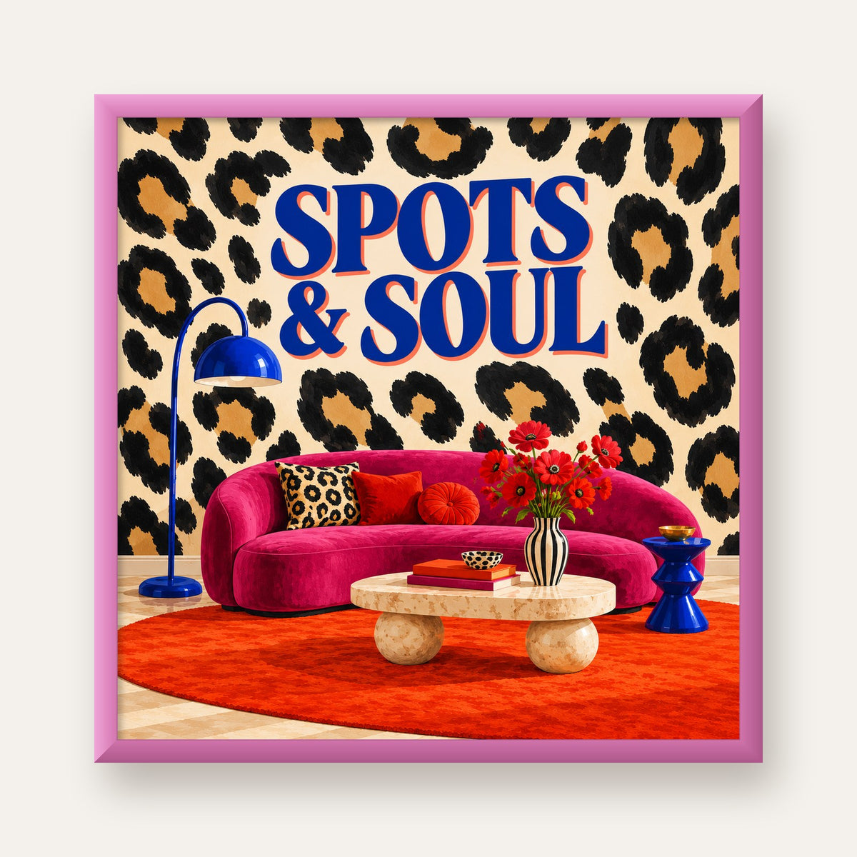 Leopar Desenli Retro Salon Poster – SPOTS & SOUL Duvar Sanatı — pembe çerçeveli