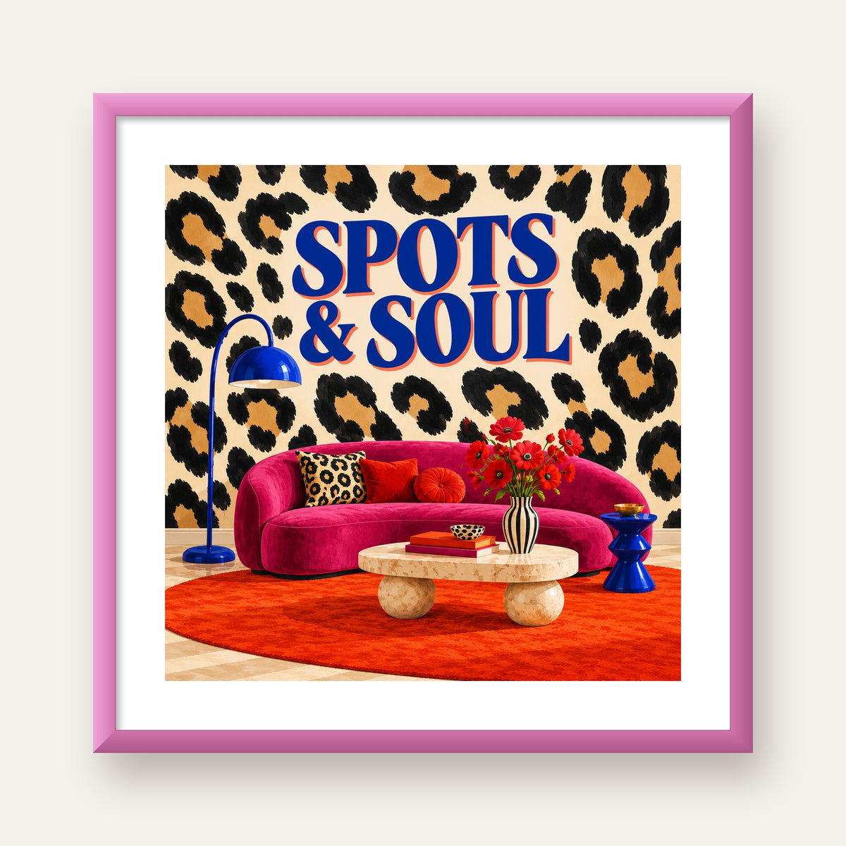Leopar Desenli Retro Salon Poster – SPOTS & SOUL Duvar Sanatı — pembe çerçeveli paspartulu