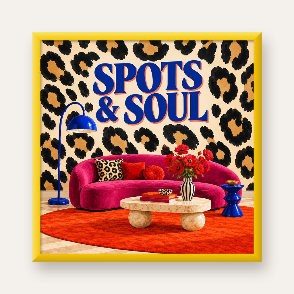 Leopar Desenli Retro Salon Poster – SPOTS & SOUL Duvar Sanatı — sarı çerçeveli