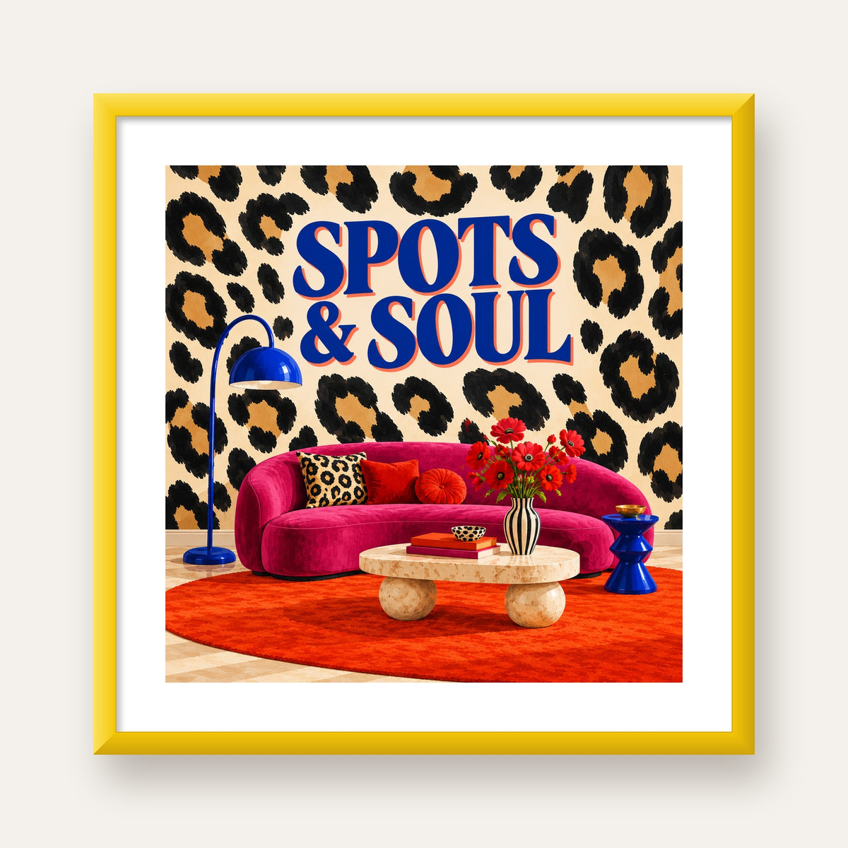 Leopar Desenli Retro Salon Poster – SPOTS & SOUL Duvar Sanatı — sarı çerçeveli paspartulu