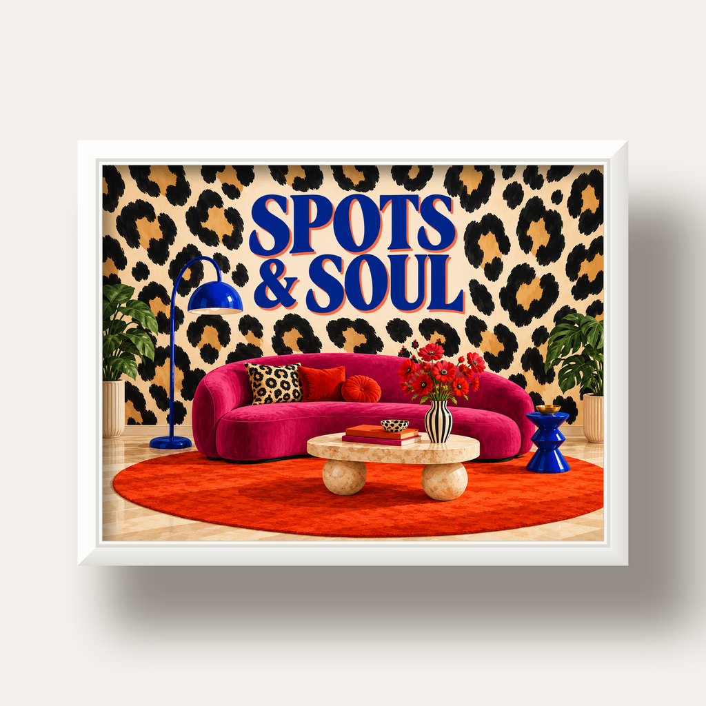 Leopar Desenli Retro Salon Poster – SPOTS & SOUL Duvar Sanatı — beyaz derin çerçeveli
