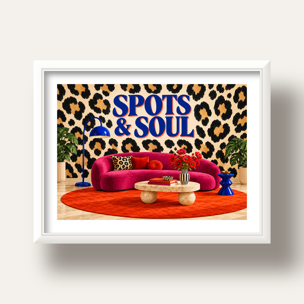Leopar Desenli Retro Salon Poster – SPOTS & SOUL Duvar Sanatı — beyaz derin çerçeveli paspartulu