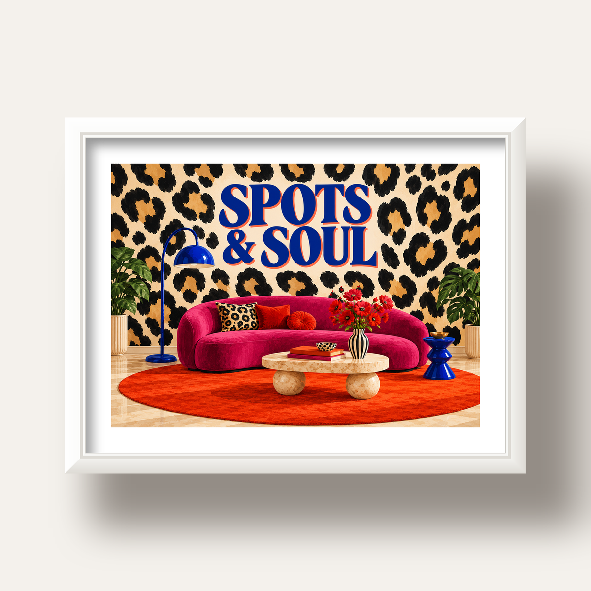 Leopar Desenli Retro Salon Poster – SPOTS & SOUL Duvar Sanatı — beyaz derin çerçeveli paspartulu