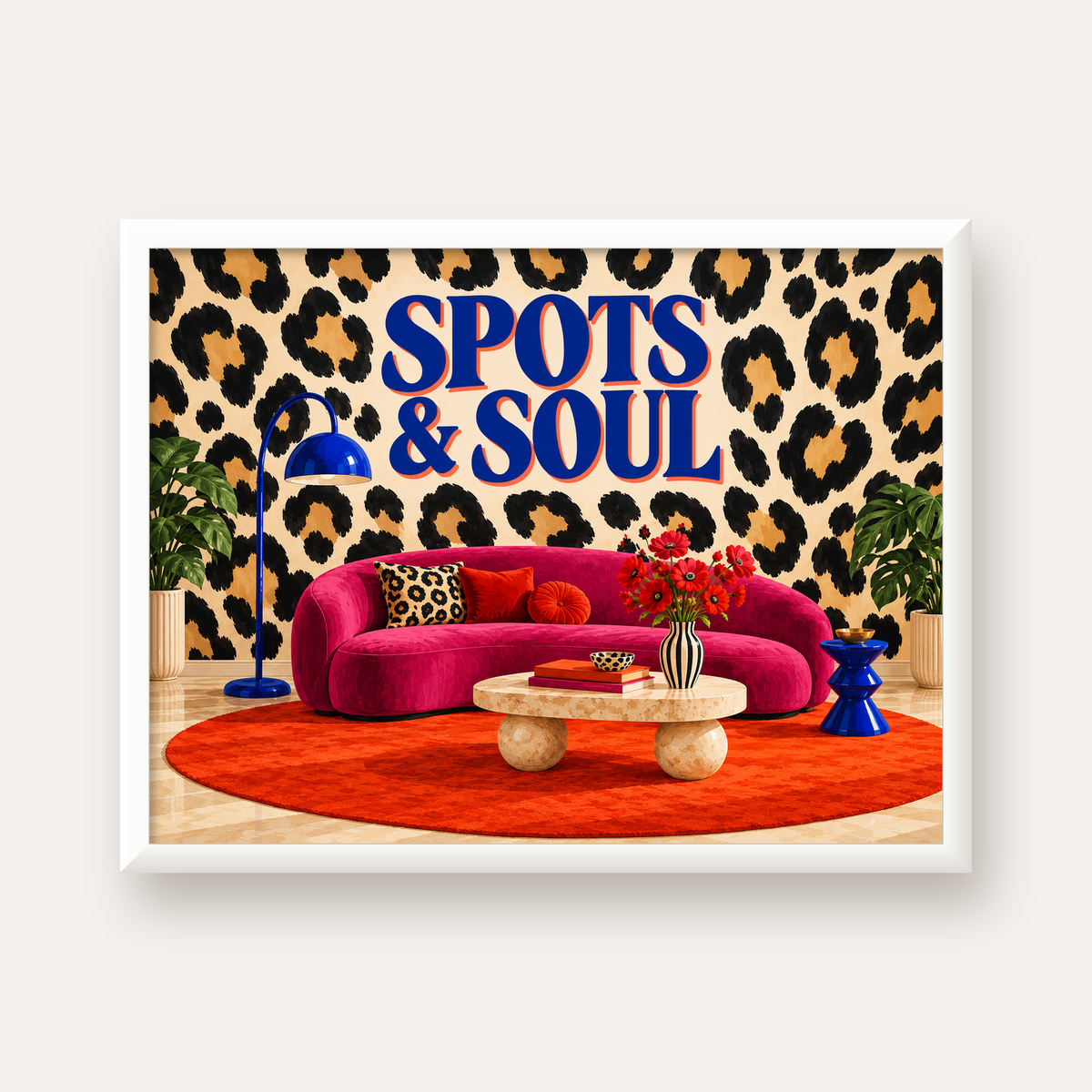 Leopar Desenli Retro Salon Poster – SPOTS & SOUL Duvar Sanatı — beyaz çerçeveli yatay poster