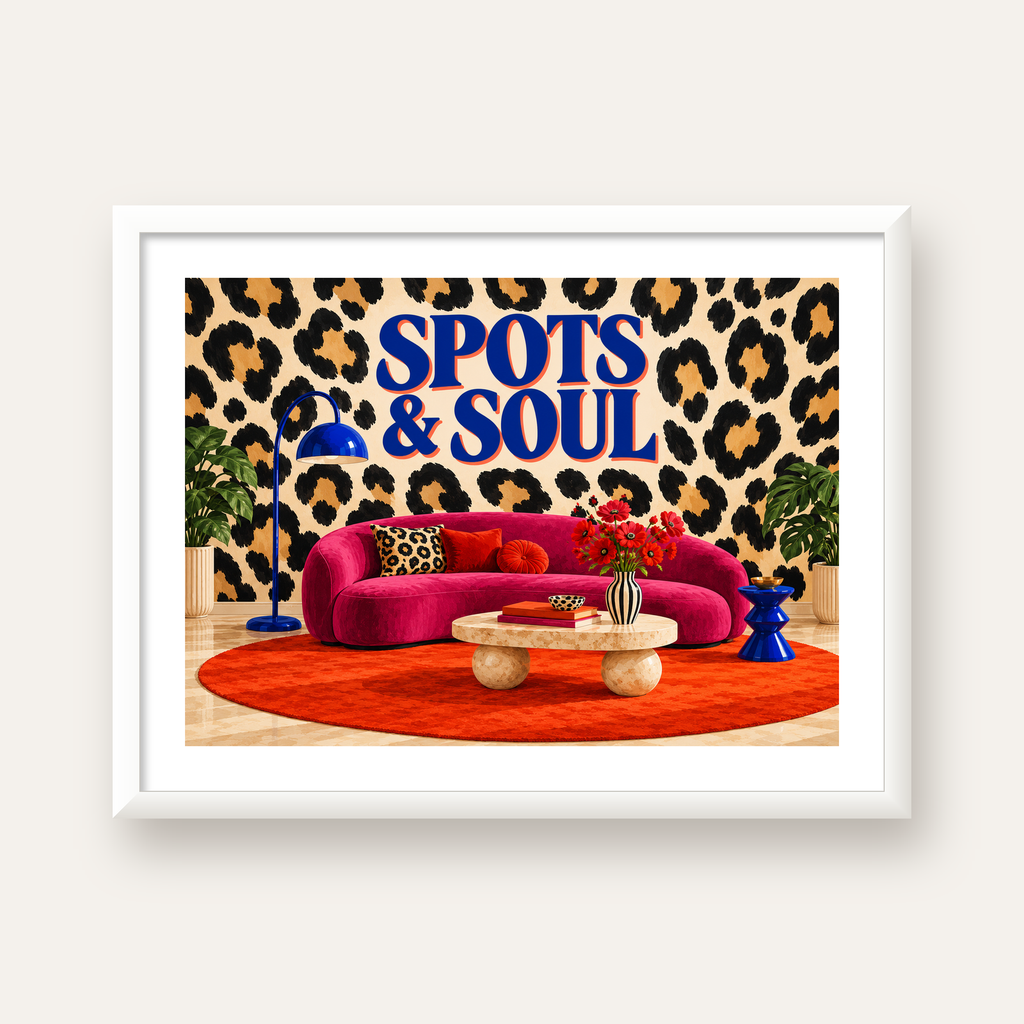 Leopar Desenli Retro Salon Poster – SPOTS & SOUL Duvar Sanatı — beyaz çerçeveli yatay poster