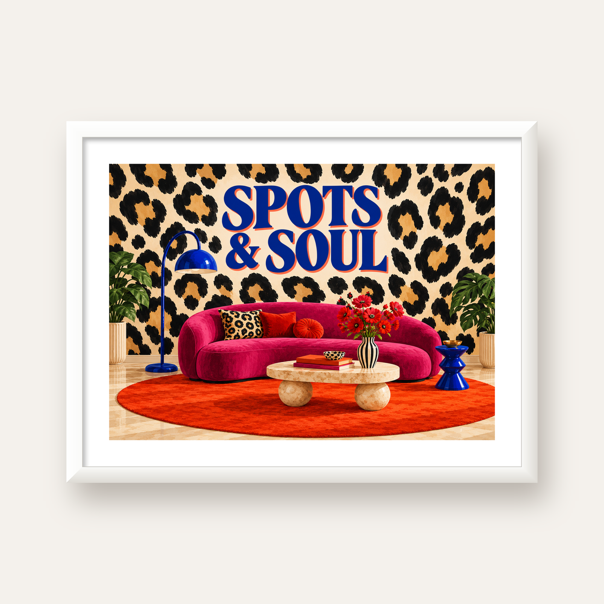 Leopar Desenli Retro Salon Poster – SPOTS & SOUL Duvar Sanatı — beyaz çerçeveli yatay poster