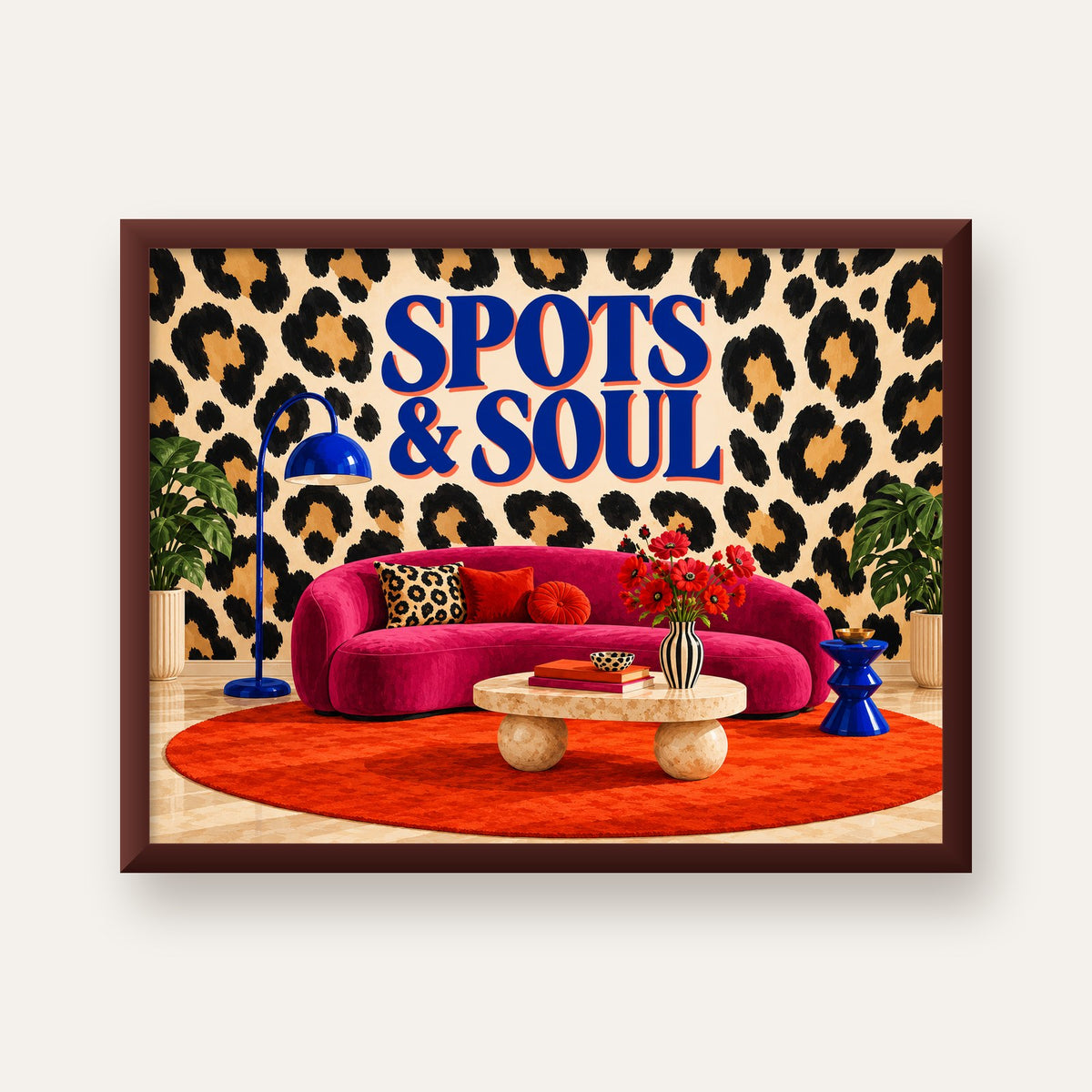 Leopar Desenli Retro Salon Poster – SPOTS & SOUL Duvar Sanatı — ceviz çerçeveli