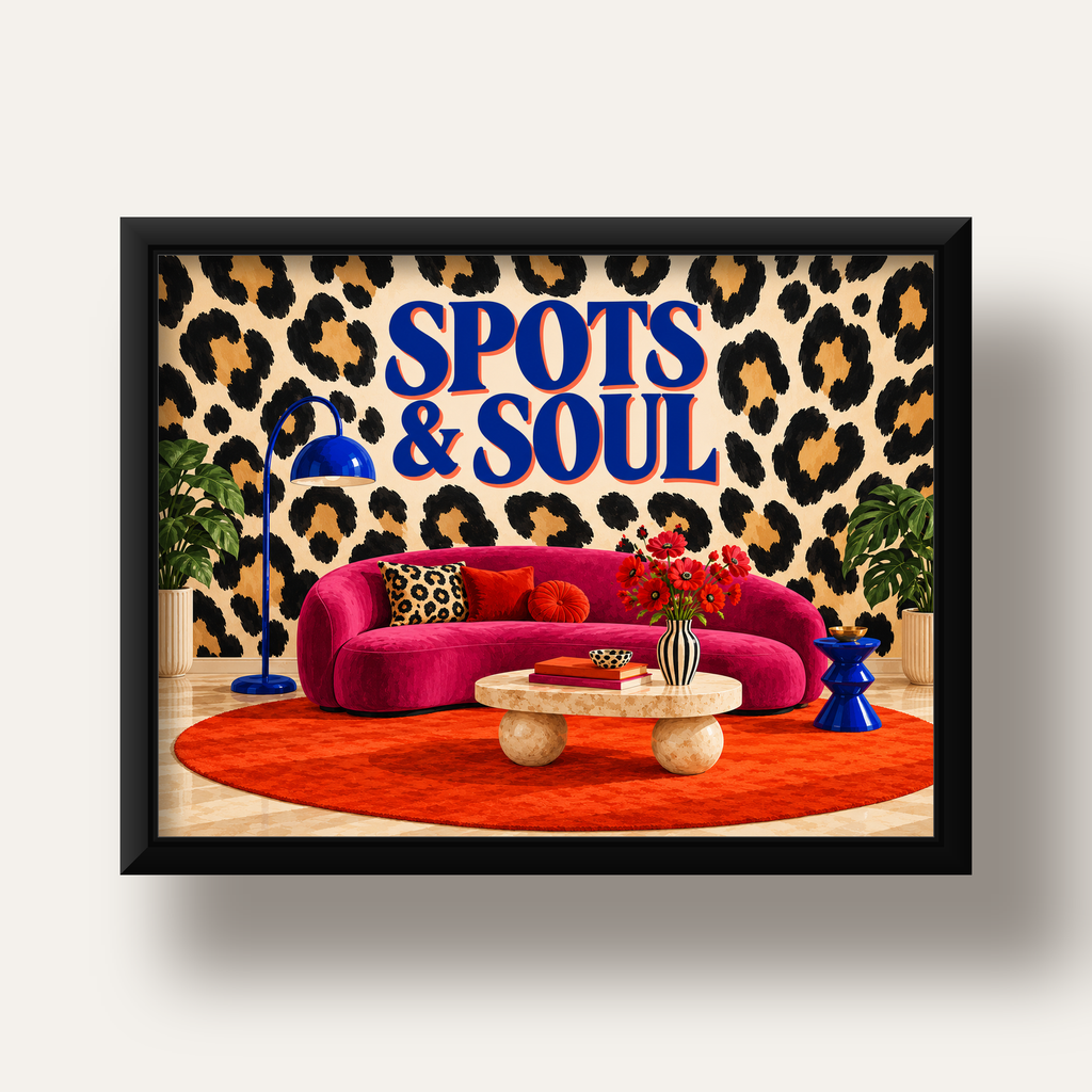 Leopar Desenli Retro Salon Poster – SPOTS & SOUL Duvar Sanatı — siyah derin çerçeveli