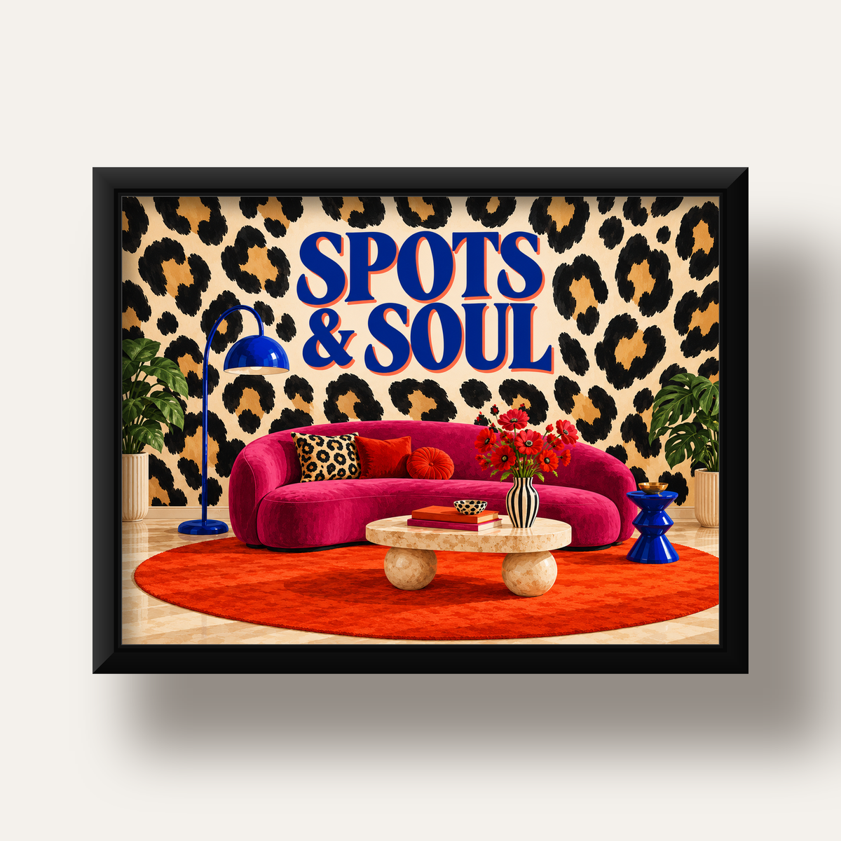 Leopar Desenli Retro Salon Poster – SPOTS & SOUL Duvar Sanatı — siyah derin çerçeveli