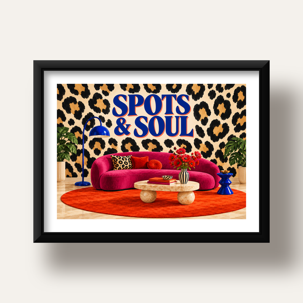 Leopar Desenli Retro Salon Poster – SPOTS & SOUL Duvar Sanatı — siyah derin çerçeveli paspartulu