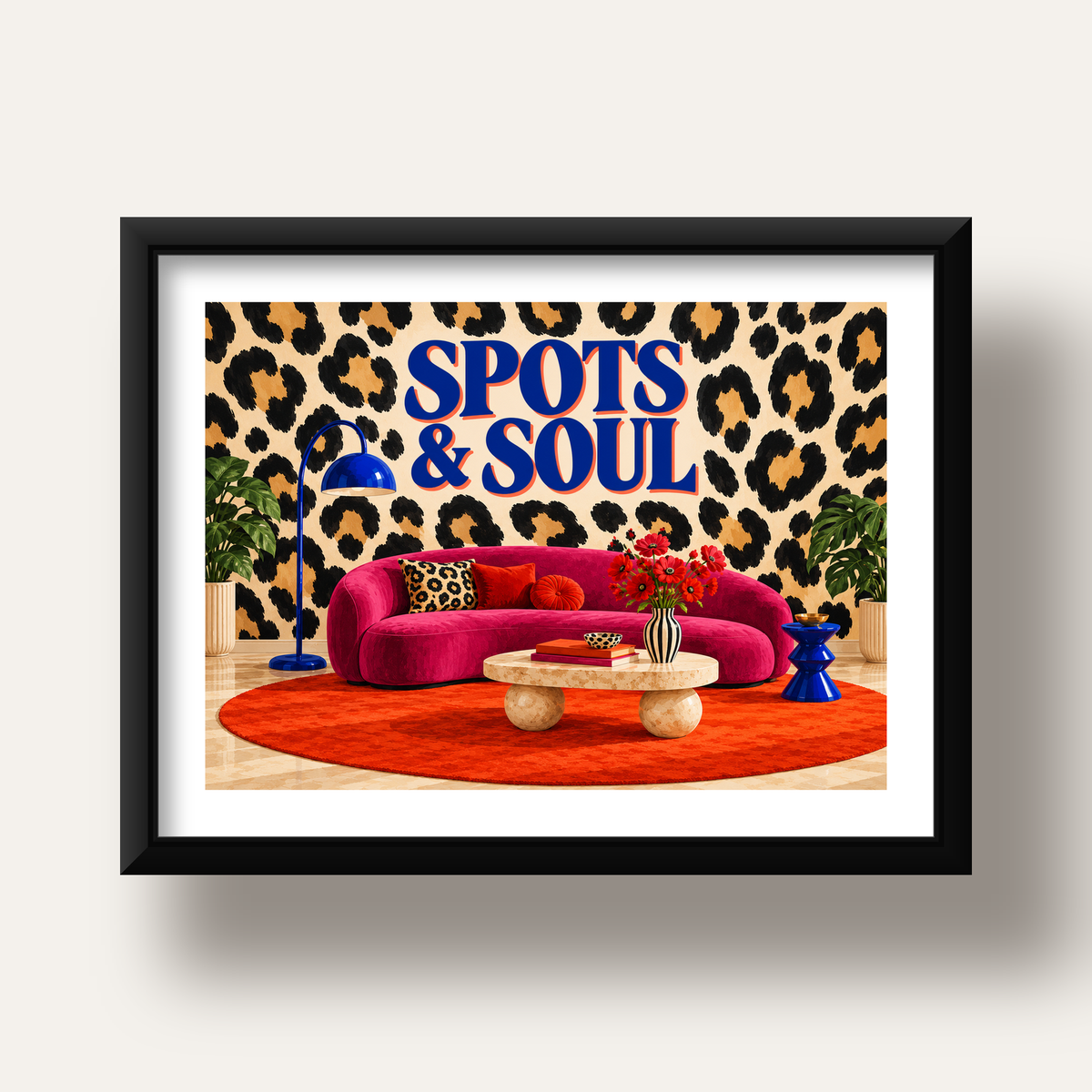 Leopar Desenli Retro Salon Poster – SPOTS & SOUL Duvar Sanatı — siyah derin çerçeveli paspartulu