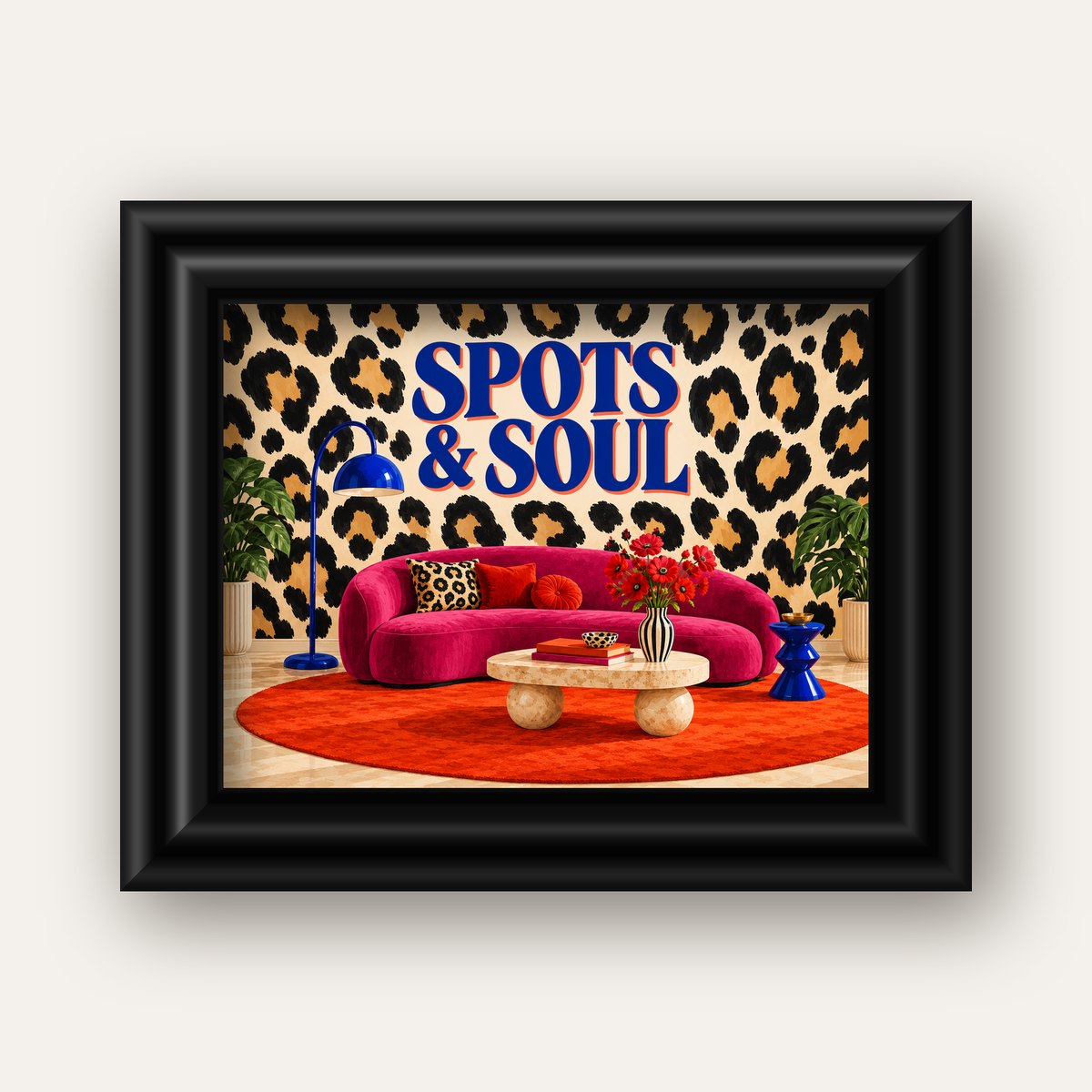 Leopar Desenli Retro Salon Poster – SPOTS & SOUL Duvar Sanatı — siyah galeri çerçeveli