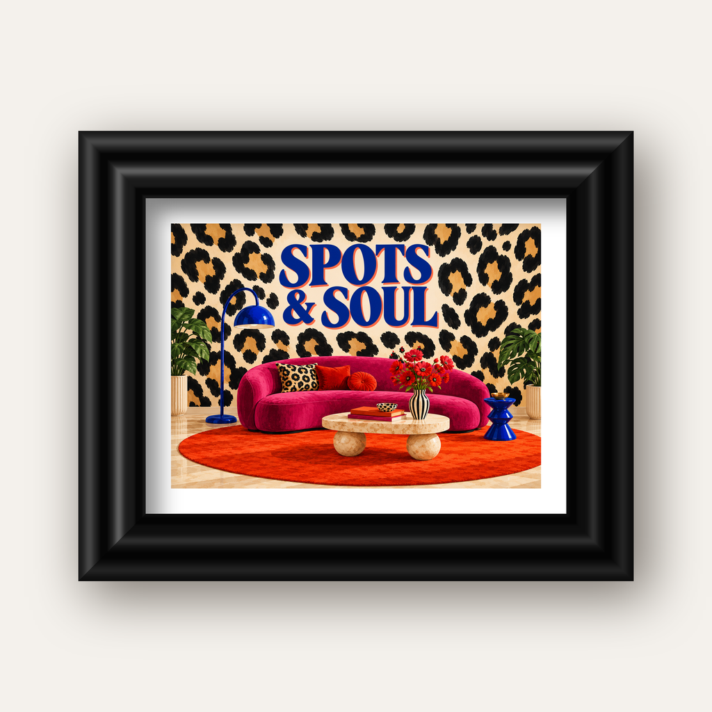 Leopar Desenli Retro Salon Poster – SPOTS & SOUL Duvar Sanatı — siyah galeri çerçeveli paspartulu