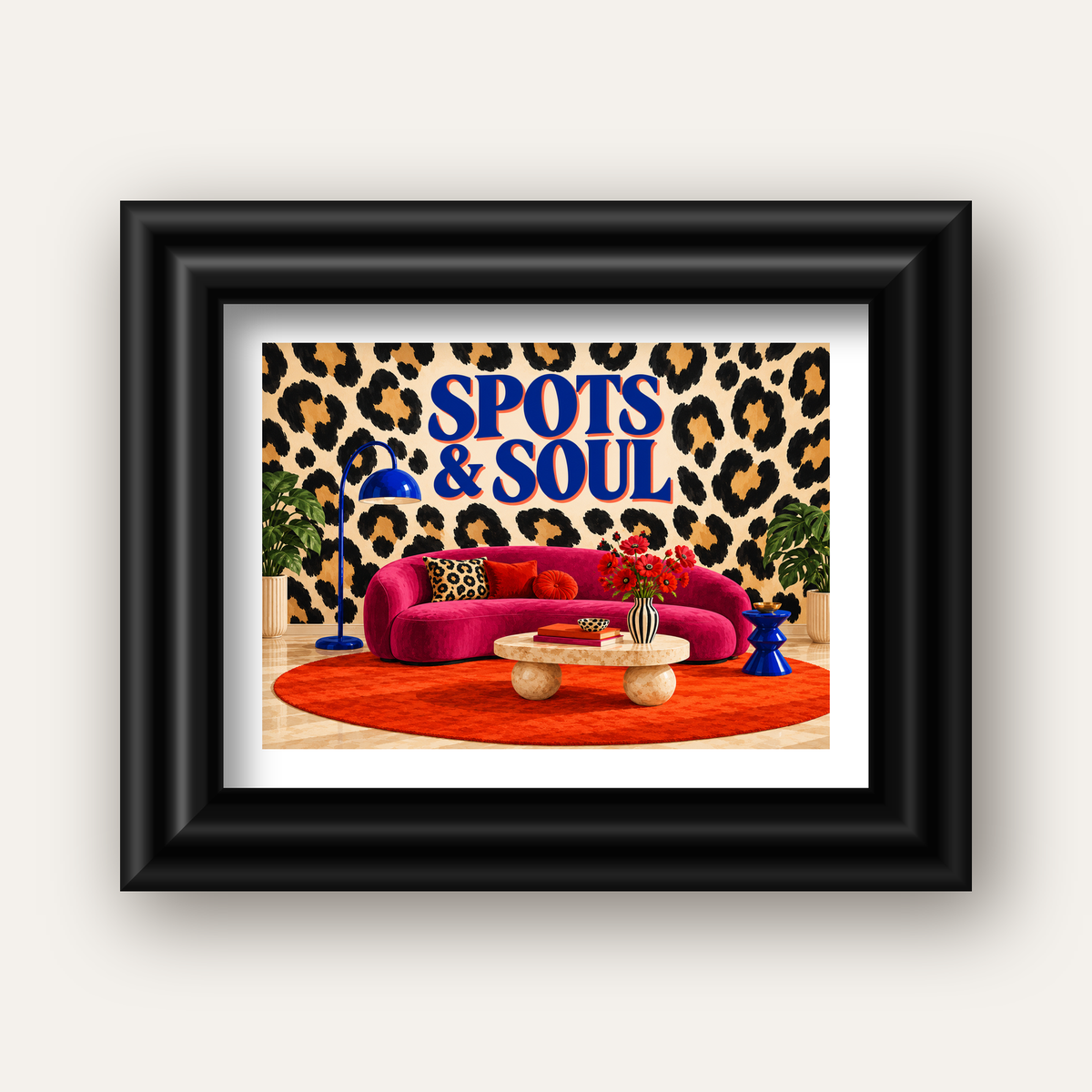 Leopar Desenli Retro Salon Poster – SPOTS & SOUL Duvar Sanatı — siyah galeri çerçeveli paspartulu