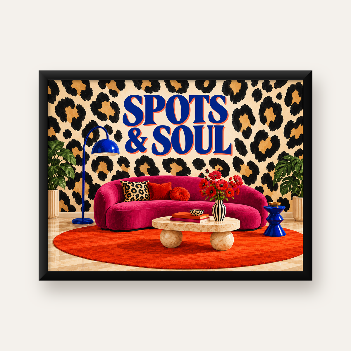 Leopar Desenli Retro Salon Poster – SPOTS & SOUL Duvar Sanatı — Yatay baskı, düz siyah çerçeveli duvar posteri