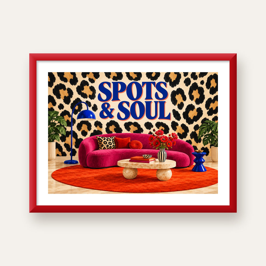 Leopar Desenli Retro Salon Poster – SPOTS & SOUL Duvar Sanatı — kırmızı çerçeveli paspartulu