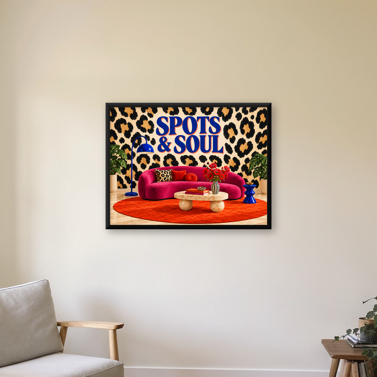 Leopar Desenli Retro Salon Poster – SPOTS & SOUL Duvar Sanatı — Yatay baskı, çerçeveli hâliyle bir ev duvarında